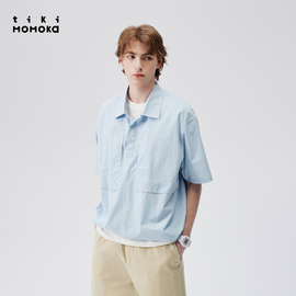 tikimomoka衬衫男短袖全棉刺绣，夏季原创纯色五分袖，上衣宽松潮衬衣