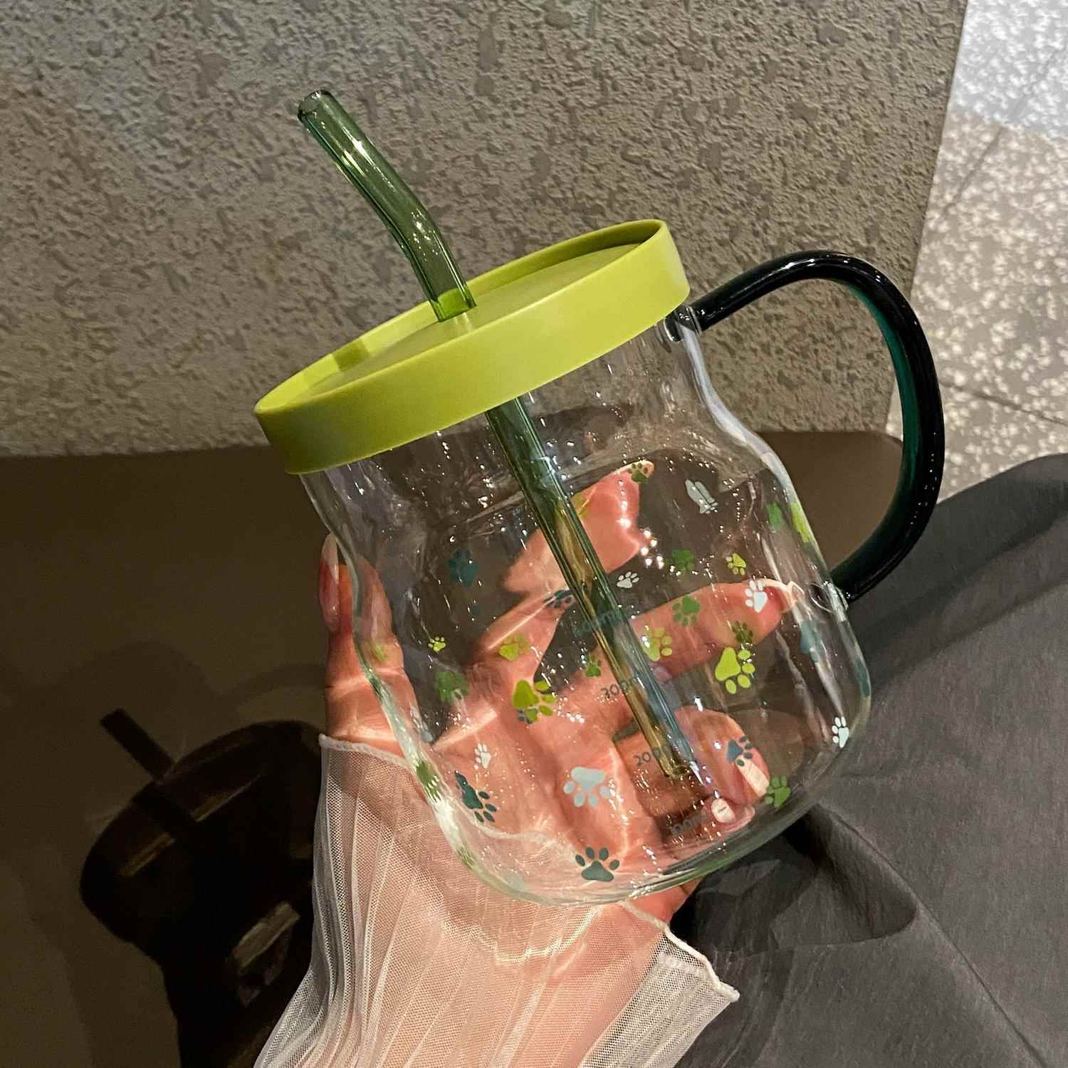 高颜值玻璃杯600ml印花带刻度杯家用喝水杯吸管杯情侣杯牛奶杯