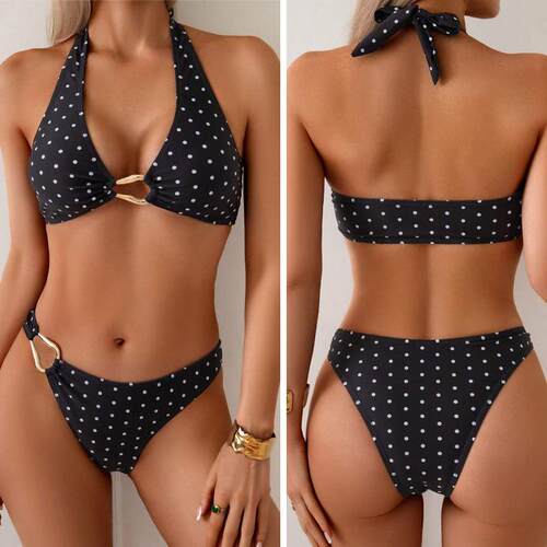 Split bikini swimsuit with polka dot print and accessories