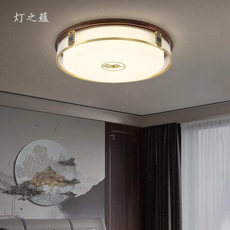 新中式吸顶灯全铜客厅灯禅意中国风圆形餐厅书房卧室LED实木灯具