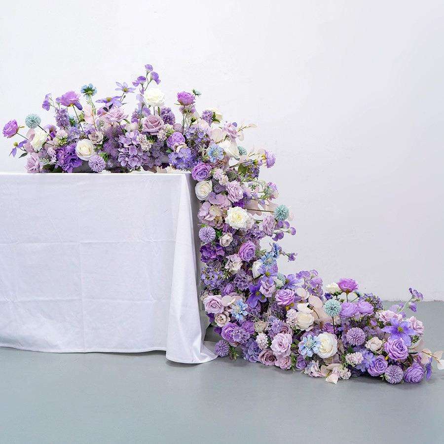 紫色长排花桌花婚庆用花会议桌展厅橱窗装饰地排花婚礼仿真花