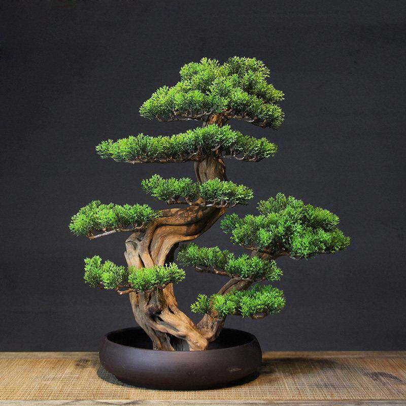 新中式彷真绿色植物迎客松盆景栽客厅电视柜玄关装饰品酒店办公室