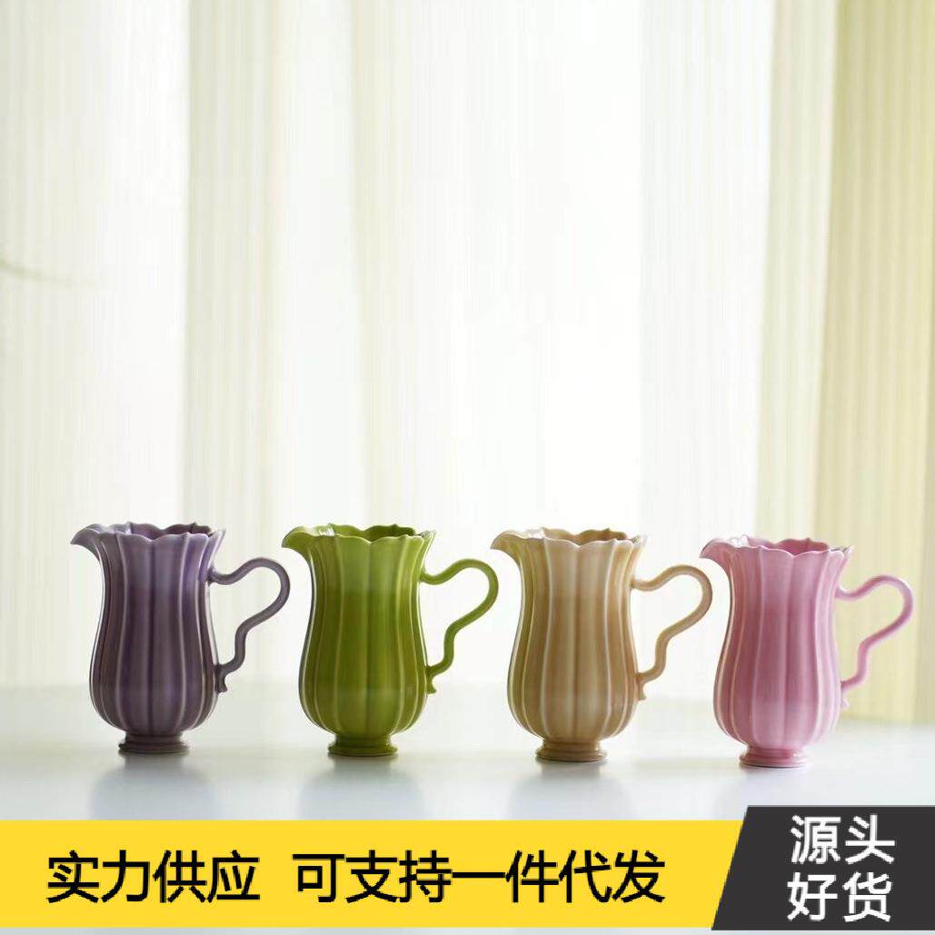 景德镇半斋花瓣公杯四色粉紫绿黄色釉分茶分奶器公道杯