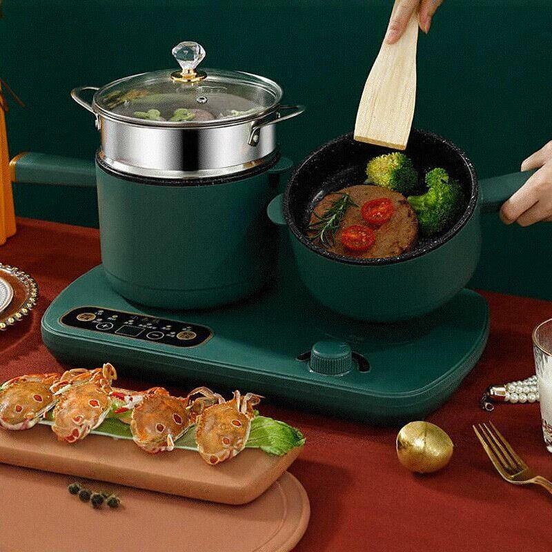多功能料理锅家用小型早餐机双炉多用电煮锅电炒煎锅两件式不沾锅
