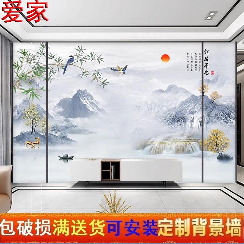 2025电视背景墙瓷砖岩板客厅护墙板新中式简约山水画 画影视墙微