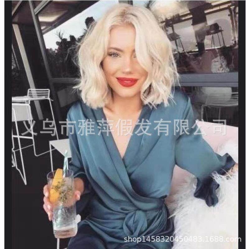 新款直销跨境热销欧美外贸假发女士短卷发淡金色玫瑰网化纤头套现