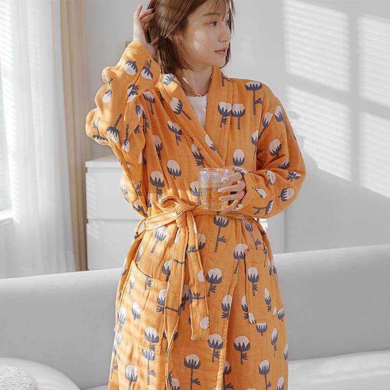 纯棉成人纱布浴袍全棉吸水浴中长款袍女54124男情侣浴衣袍睡休闲