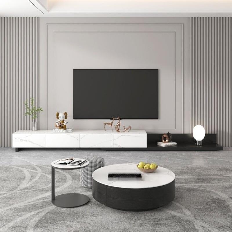 圆形岩板茶可伸as1541视缩电柜地现代简约家用客厅拉几伸电视柜落