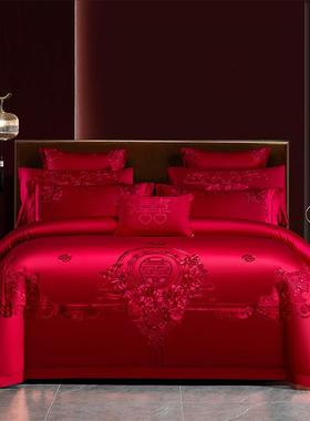 轻奢A类100支长绒棉结婚四件套红色纯棉全棉刺绣喜被婚庆床上用品