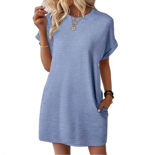 Round neck pocket short sleeved dress for women