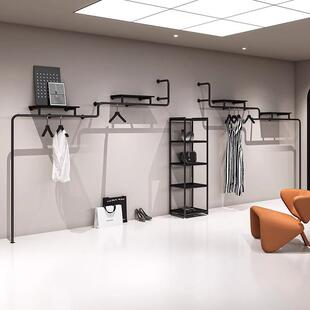 服装店架子上墙货架简约铁艺黑色多层挂衣架专用女装店衣服展示架