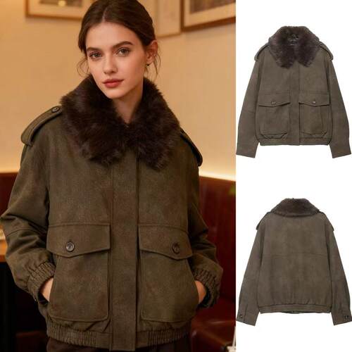 Women's suede effect detachable collar jacket jacket