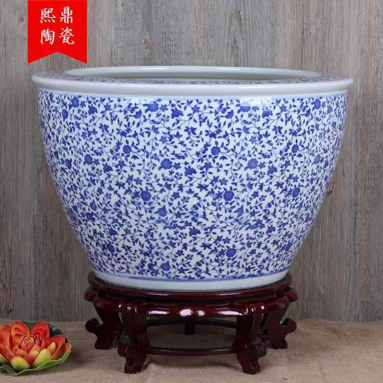 景德镇陶瓷鱼缸 青花釉下彩陶瓷金鱼缸 风水缸家居工艺品时尚摆件