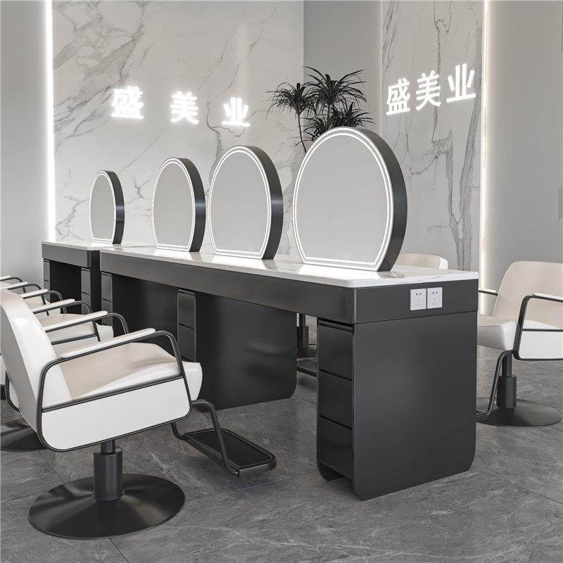 网红美发店烫染镜台发廊专用不锈钢带柜美发镜理髲店带灯双面镜子