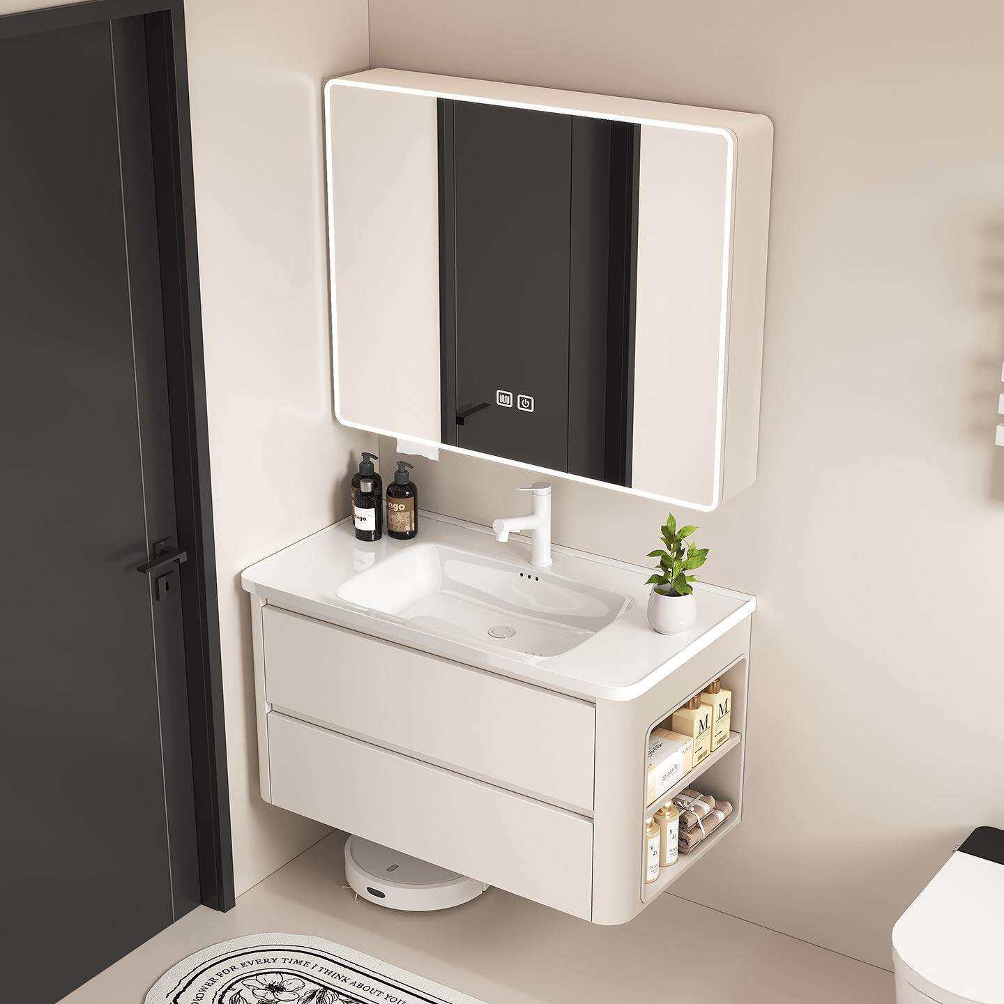 蜂窝铝浴室柜圆弧款双抽屉带侧柜陶瓷一体盆组合侧边带开放收纳格