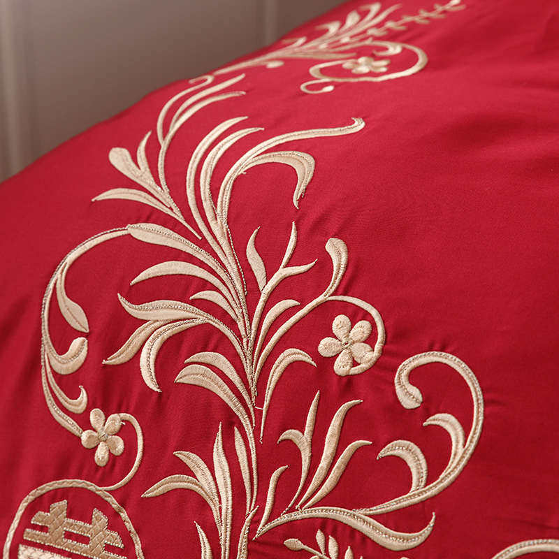 简约100s四笠刺绣长绒棉件套中式全结婚棉红色喜字婚庆被套床单床,床上用品,婚庆床品套件,淘宝优惠券,粉丝福利购,淘宝优惠卷