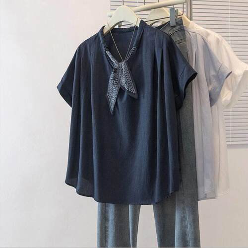 Splicing short sleeved t-shirt for women, slimming and