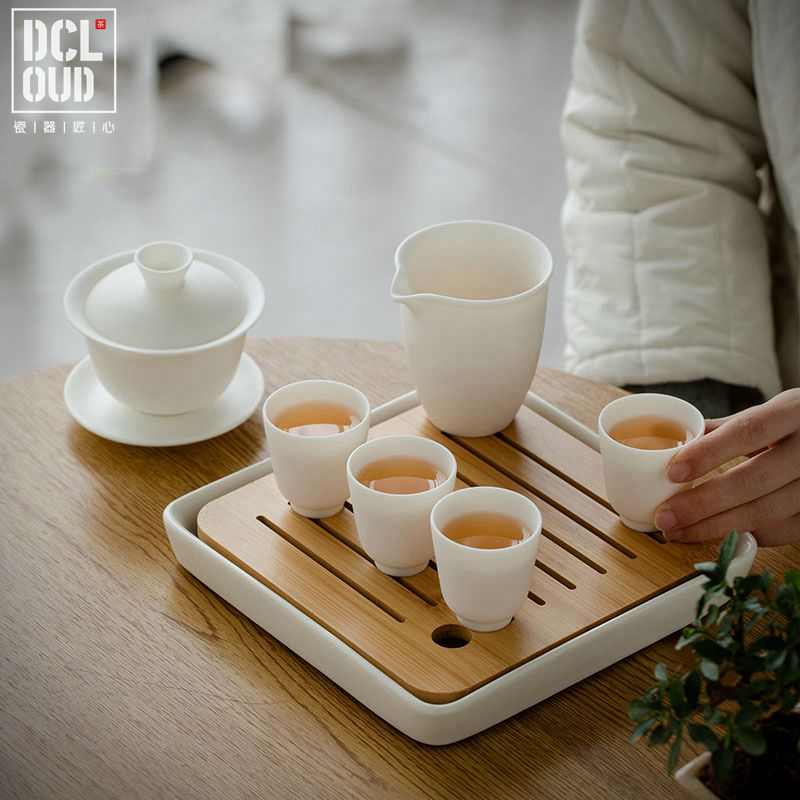 羊脂玉功夫旅行茶具套装户外便携式高档收纳包素烧白瓷盖碗小茶盘