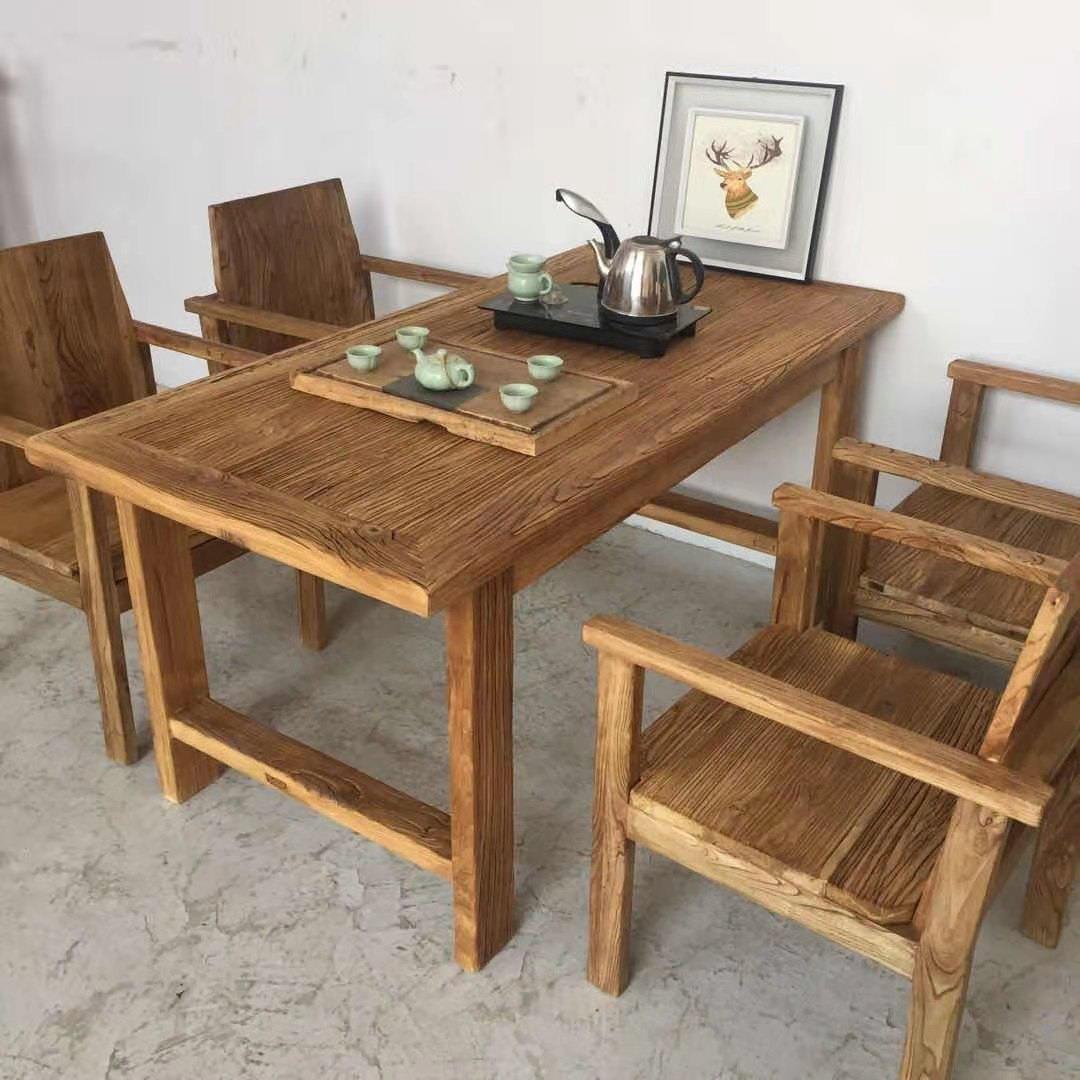 老榆木餐桌实木长方形家用饭店餐厅原木板靠背椅子餐桌椅组合现代