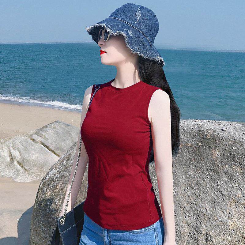 红色螺纹圆领吊带背心女士夏季薄款外穿修身纯色内搭无袖打底上衣