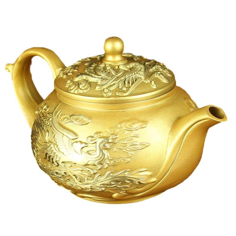 黄铜龙凤茶壶茶杯一整套办公室茶具纯铜铜器金属工艺品摆件