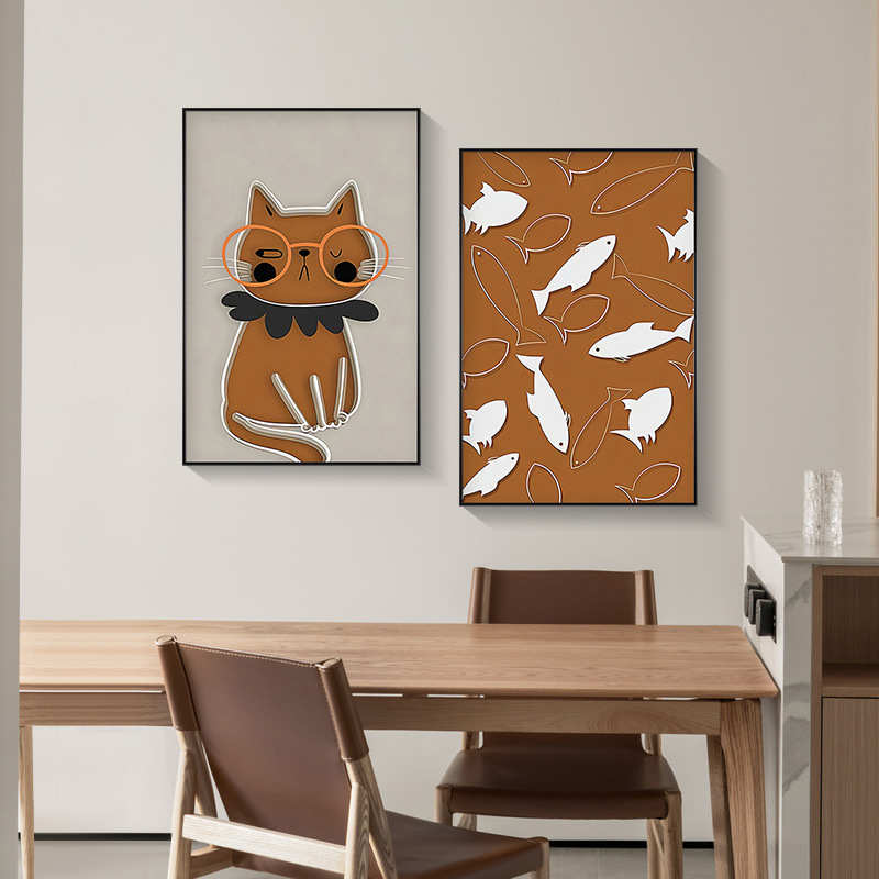 北欧可爱餐厅装饰画趣味动物挂画温馨餐桌旁猫咪与鱼壁画厂家批发图片