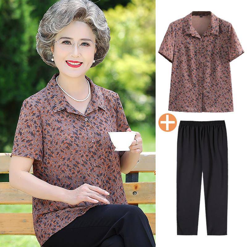 奶奶装夏装短袖衬衫女70岁80妈妈太太上衣服90老年人夏季冰丝套装