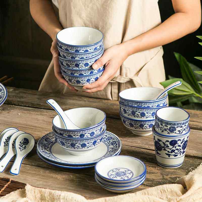 中式餐馆陶瓷青花瓷摆台餐具骨碟勺子酒店商用家用台面碗勺碟组合