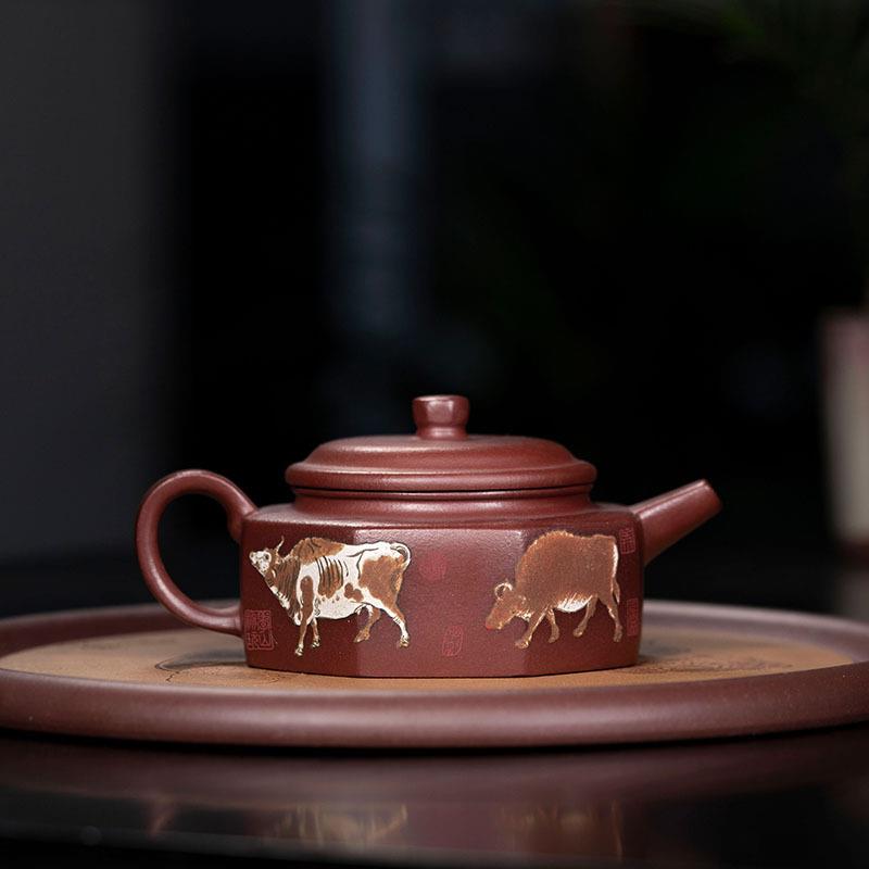 八方扁钟泥绘紫砂壶原矿底槽青茶具五牛壶套装全手工朱泥茶壶