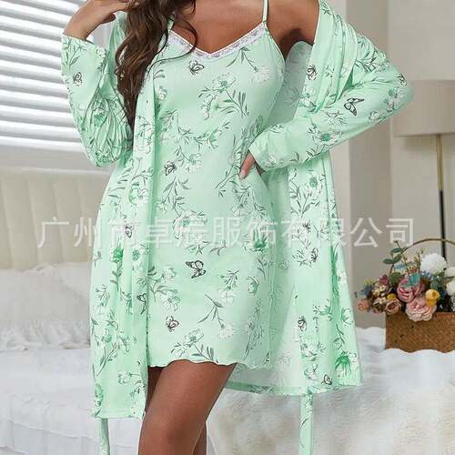 Floral Print Cami Dress Belted Robe Two Set Casual
