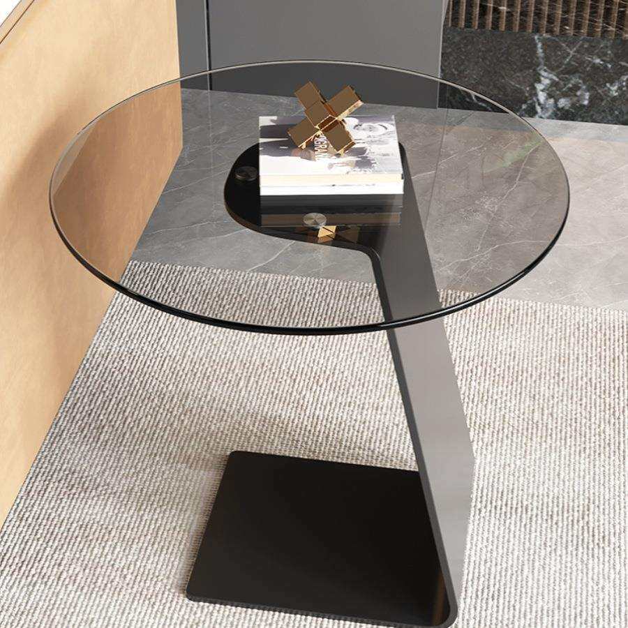钢化玻璃茶几客厅沙发岩板边几轻奢现代简约极简圆桌创意角J&