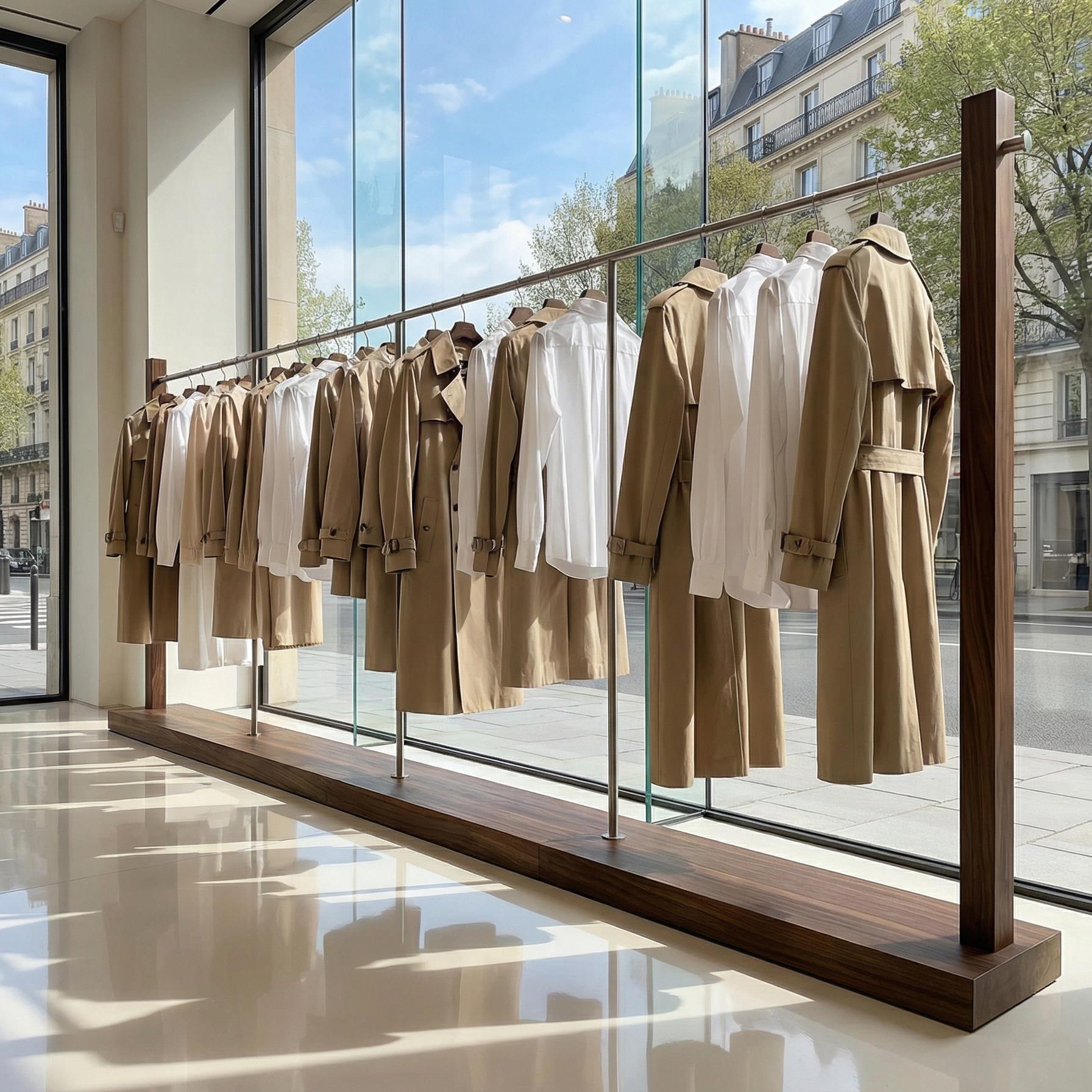 实木服装店展示架原木高级中古不锈钢胡桃木色女装货架中岛落地架