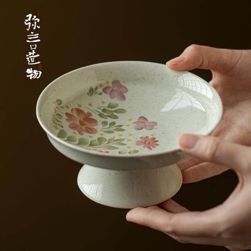 弥言中式高脚茶点盘家用陶瓷精致高足点心盘复古禅意水果盘茶壶垫