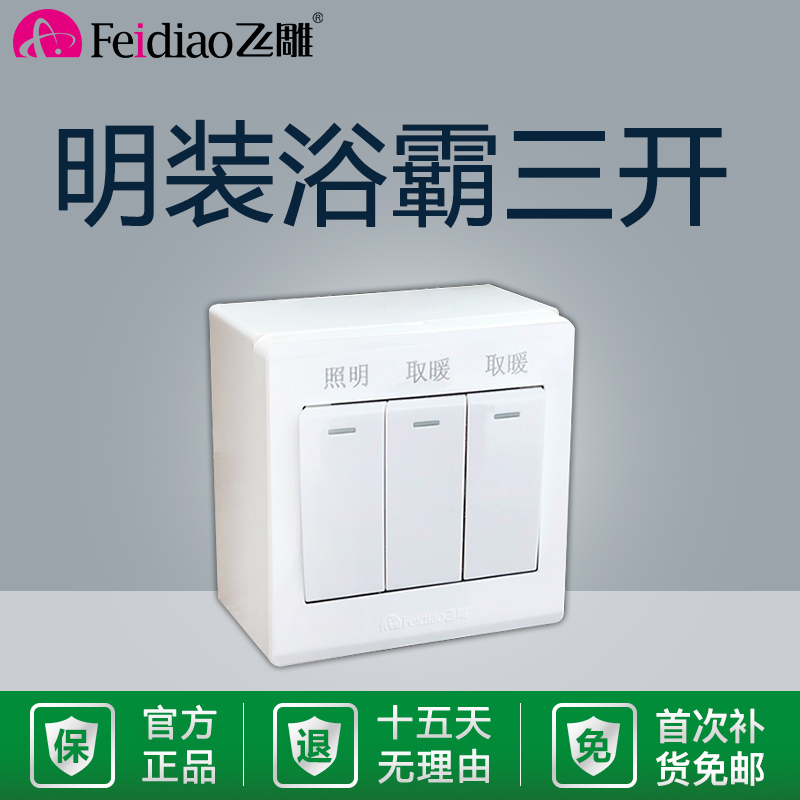 D飞雕明装浴霸三开开关卫生间浴室开关通用单控三控面板86型原装