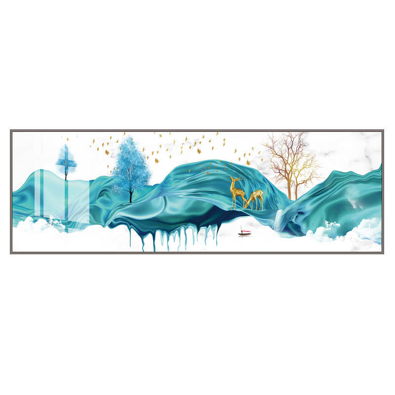 现代简约轻奢卧室装饰画沙发背景墙床头横幅招财福鹿晶瓷镶钻壁画图片