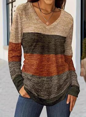 Patchwork color block T-shirt for women, long sleeved