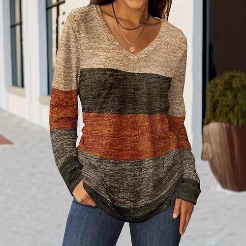 Women's Colorblock Patchwork V-Neck Long Sleeve Casual Top