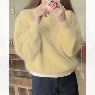 IT UNDER GARDEN 水貂绒泡泡袖毛衣女秋冬季外穿内搭浅黄色针织衫