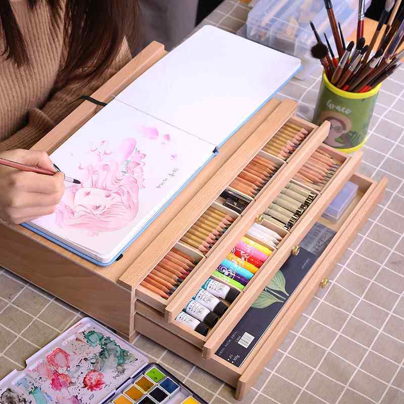 中盛画材山毛榉三层抽屉绘画工具箱颜料盒工具盒