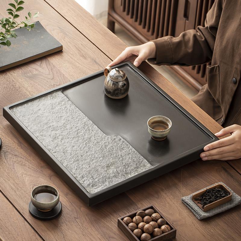 方形乌金石茶盘简约家用轻奢石头茶台现代办公高端整块黑金石茶海