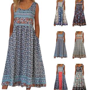 欧美2024春夏亚马逊新款 套头连衣裙女士休闲连衣裙 印花无袖