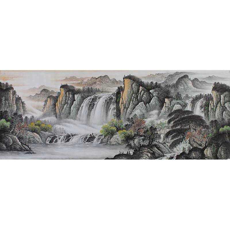 小手绘 朝晖长流春山六尺办公室装饰纯手工山水画国画富水客厅