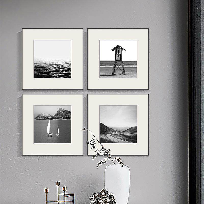 现代简约黑白海景风景装饰画咖啡馆壁画客厅沙发背景摄影艺术挂画