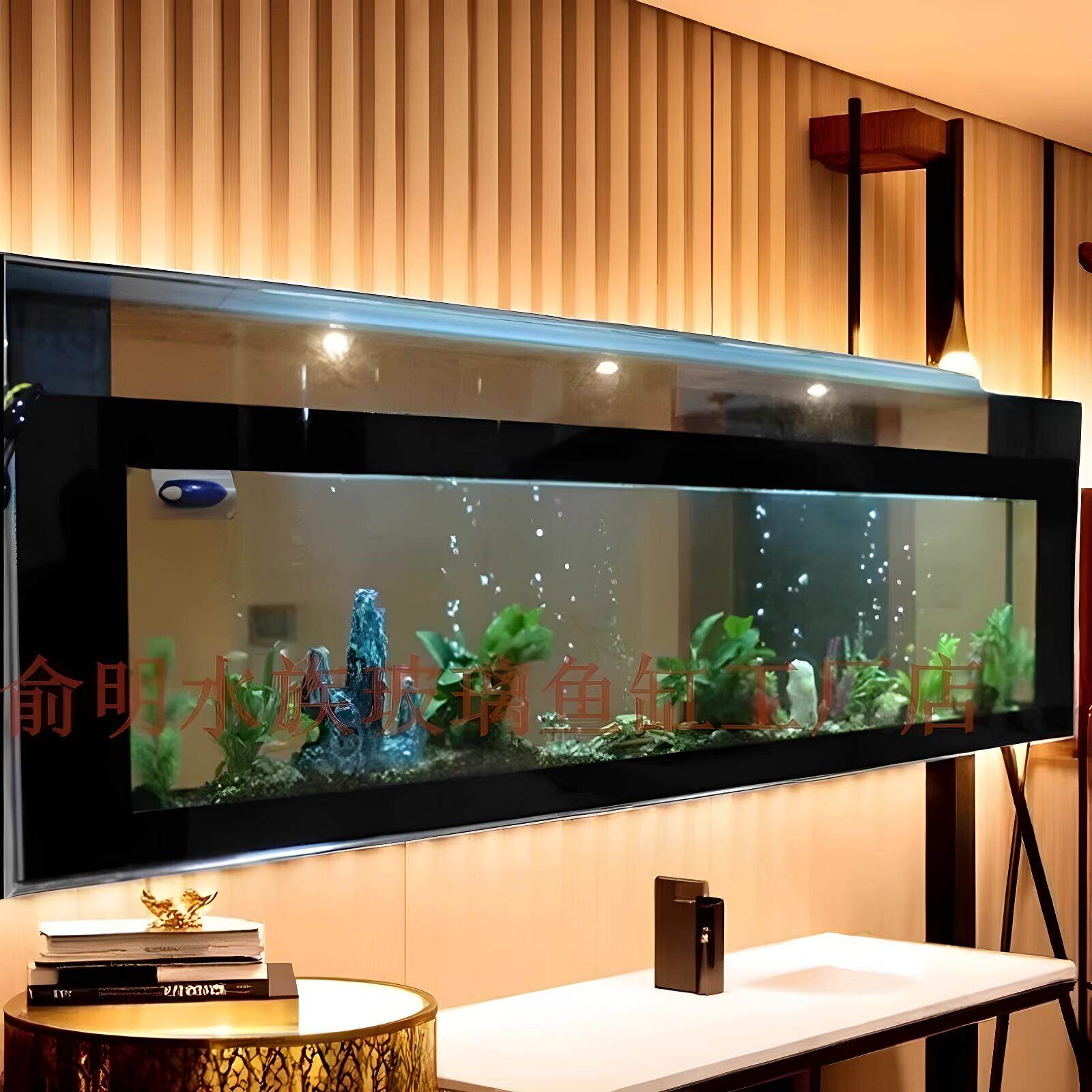 定制柜面鱼缸嵌入柜体屏风缸水族箱窄长超白玻璃缸溪流缸侧滤底滤