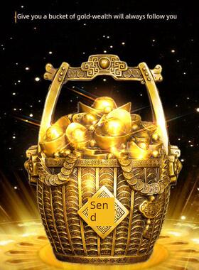 招财进宝纯铜桶金饰聚宝盆储蓄罐元宝如意招财进宝家居装饰饰品