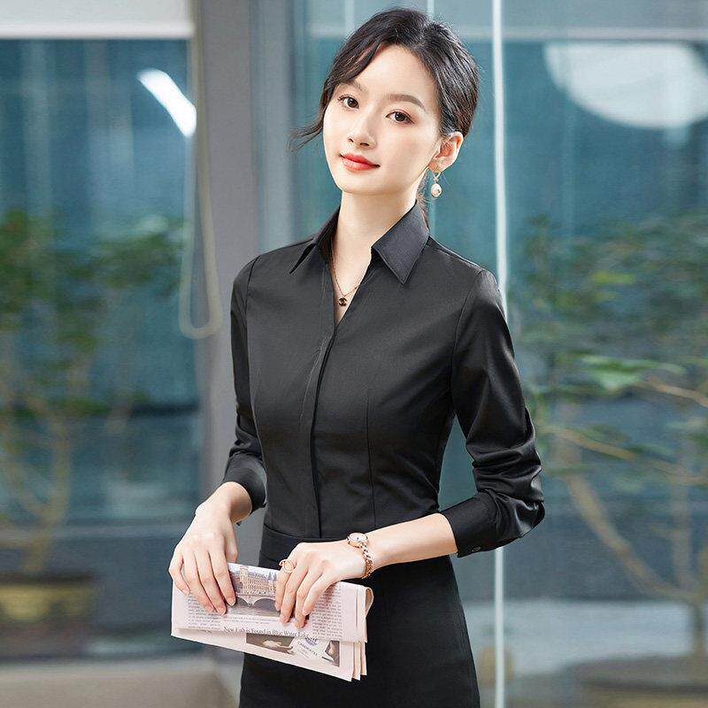 黑色V领衬衫女士春夏新款时尚气质修身通勤职业正装弹力长袖衬衣
