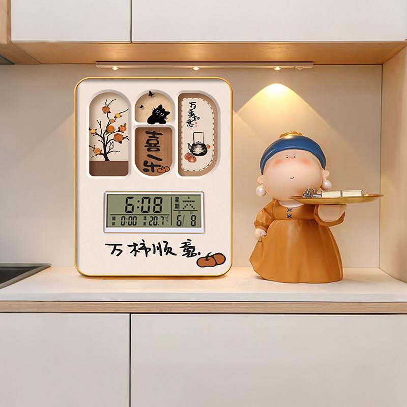万柿如意电子时钟桌面摆件客厅入户玄关摆画创意万年历2025新款