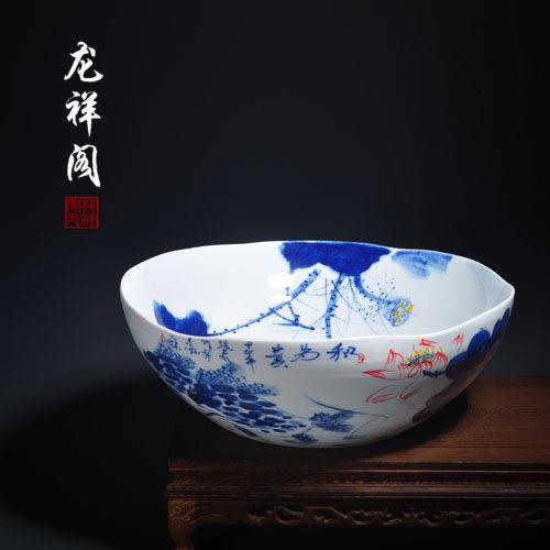 花瓶陶瓷陶艺荷花大碗金鱼缸 景德镇手绘摆件 客厅新家现代装饰品