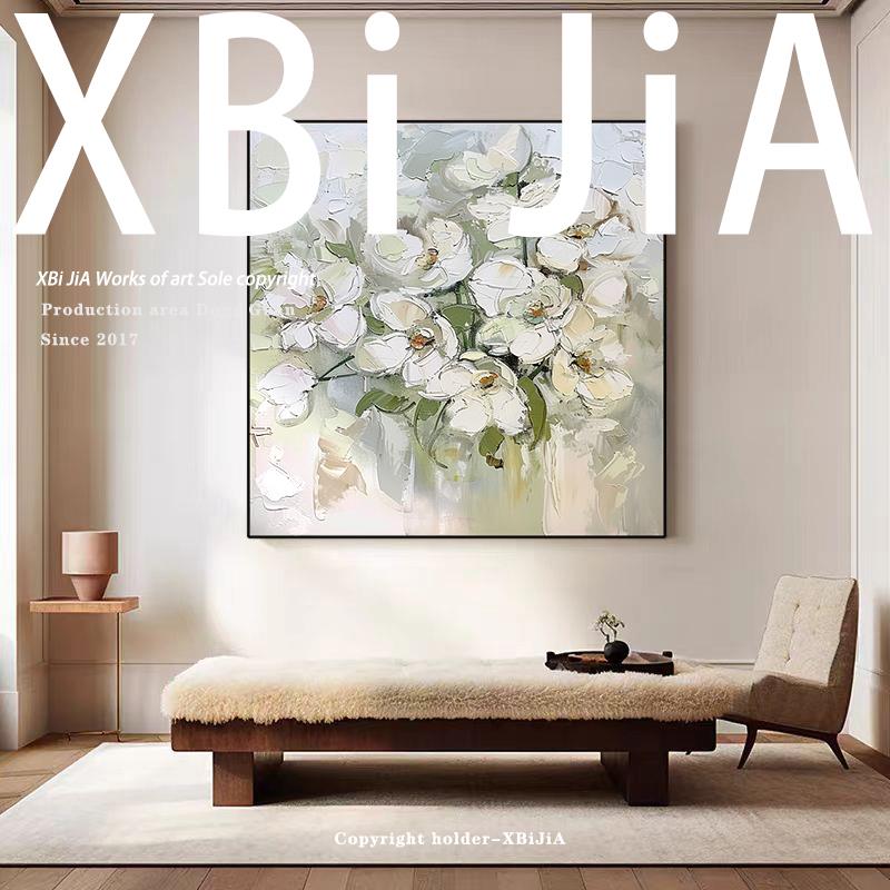 BJ.paint《含花》纯手绘油画客厅侘寂风装饰画正方形花卉抽象挂画