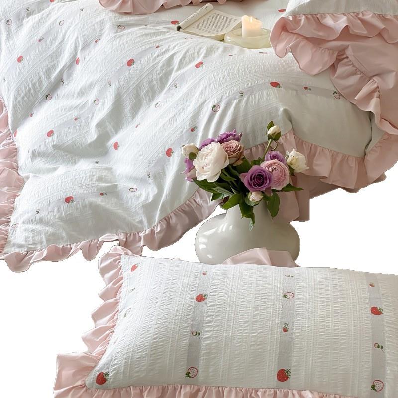 韩系公主风全棉水洗棉四件套少女心小清新荷叶边草莓超柔被套床品